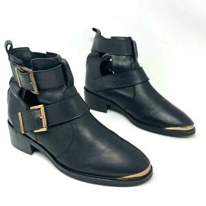 KG Kurt Geiger - Black Leather Moto Boots with Front Gold Caps